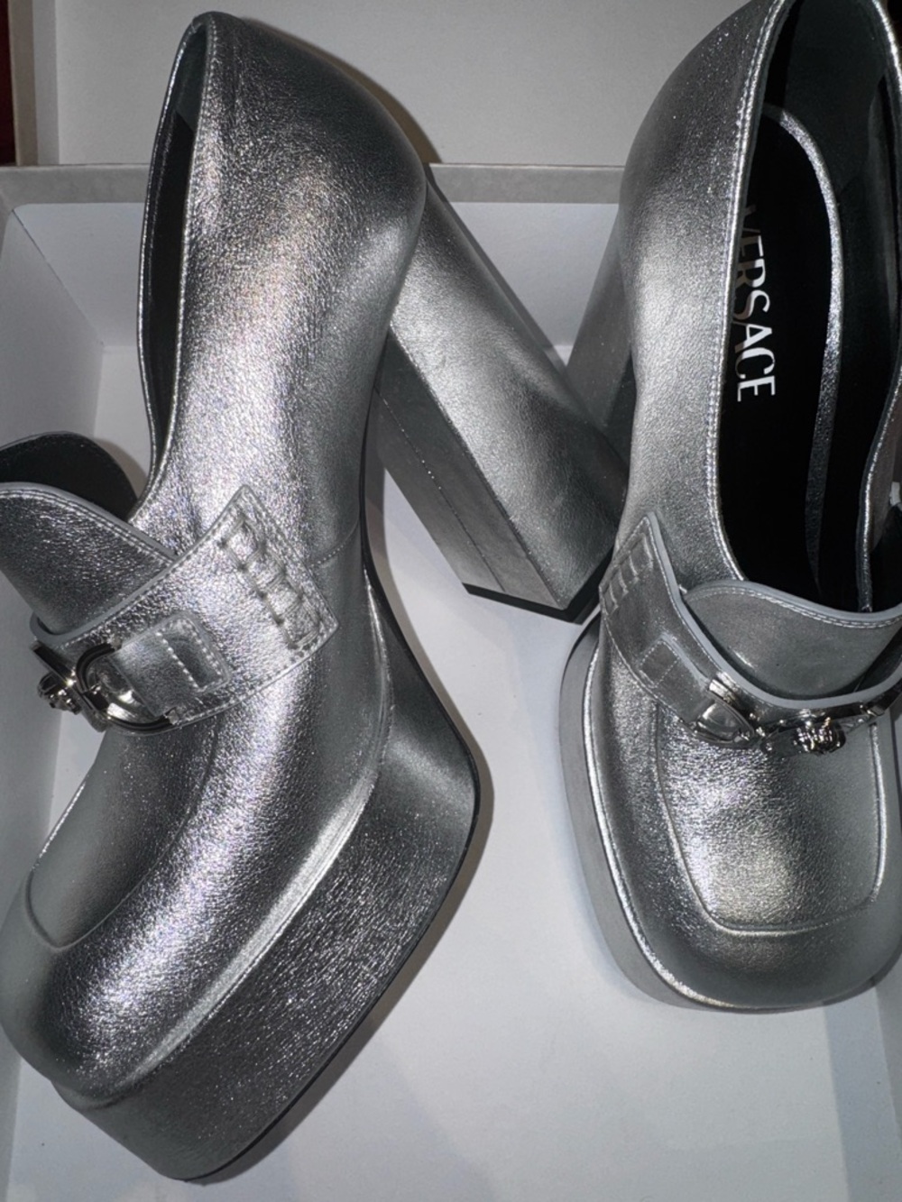 Versace Metallic Silver Platform Mary Jane Pumps